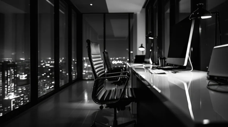 An office with a panoramic view of the night city and desks with computers and chairs, symbolizing the company's work in the B2B sector.