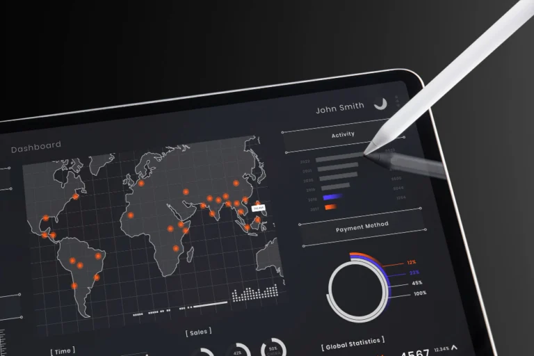 Tablet with statistics and information about activity users for Sass businesses.