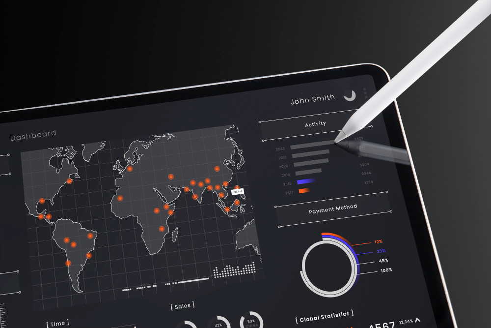 Tablet with statistics and information about activity users for Sass businesses.