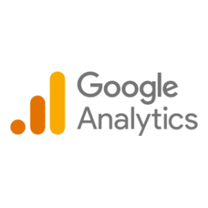 Google Analytics logo, gray text, yellow and orange logo color.