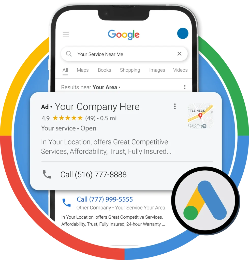 Google ad on smartphone showing local service with 4.9 stars, call option, and Google Ads logo. Contextual ads for business.