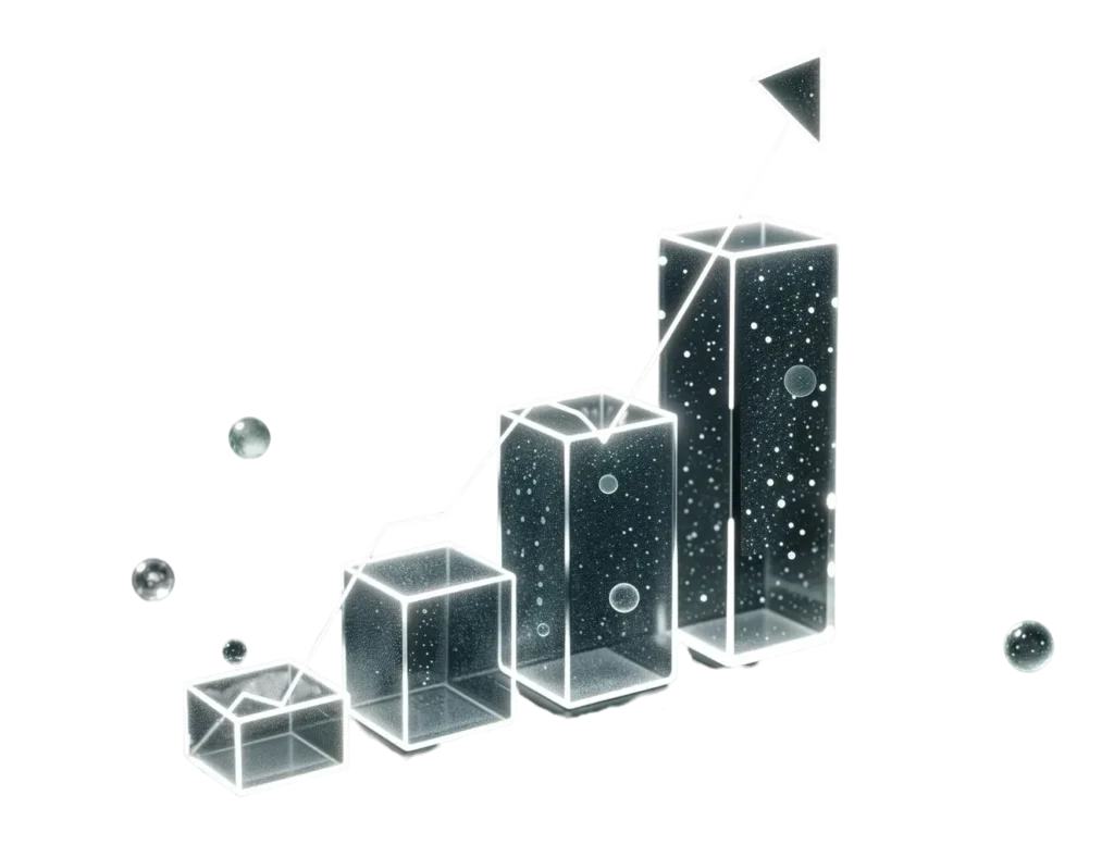 Futuristic 3D bar graph with glowing cubes and stars, symbolizing data-driven business growth with bigger revenue.