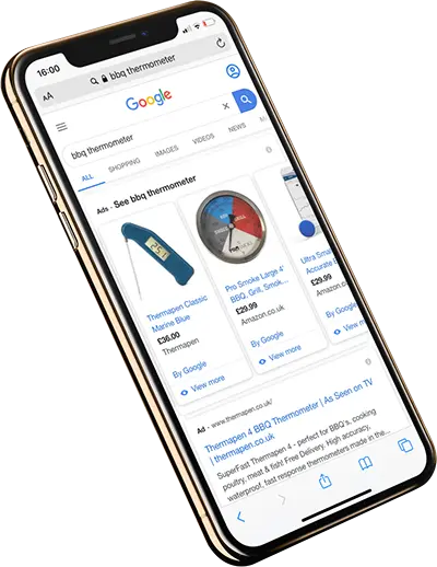 Google Ads on the smartphone for products: there are product images and information.