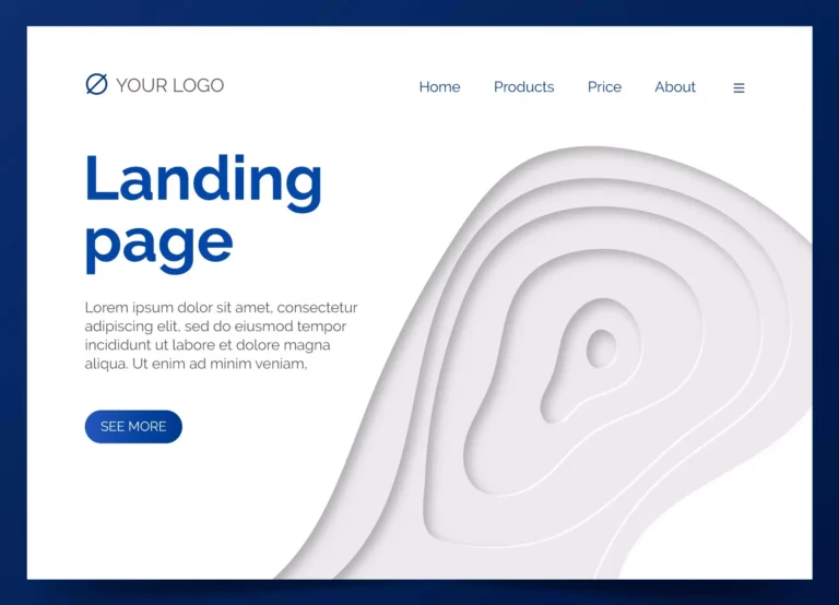 Example of landing page development: a clean, modern website with abstract white shapes, text, and a call-to-action button.
