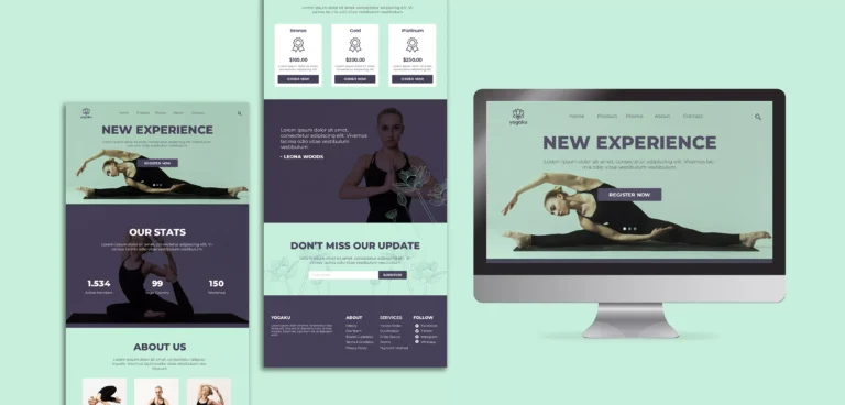 Yoga website design with stats, promo, and serene female pose on green background.