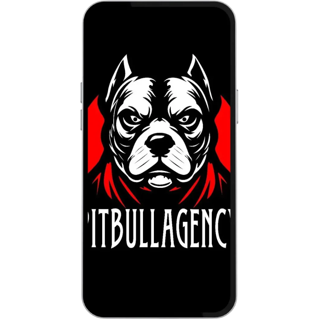Pitbull Agency logo with fierce bulldog, red accents, bold design, marketing strength, business growth, branding power, and smartphone mockup.