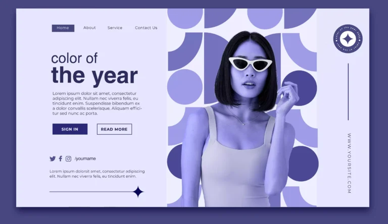 Example of web development: Stylish woman in sunglasses on colorful abstract website, promoting color trends.
