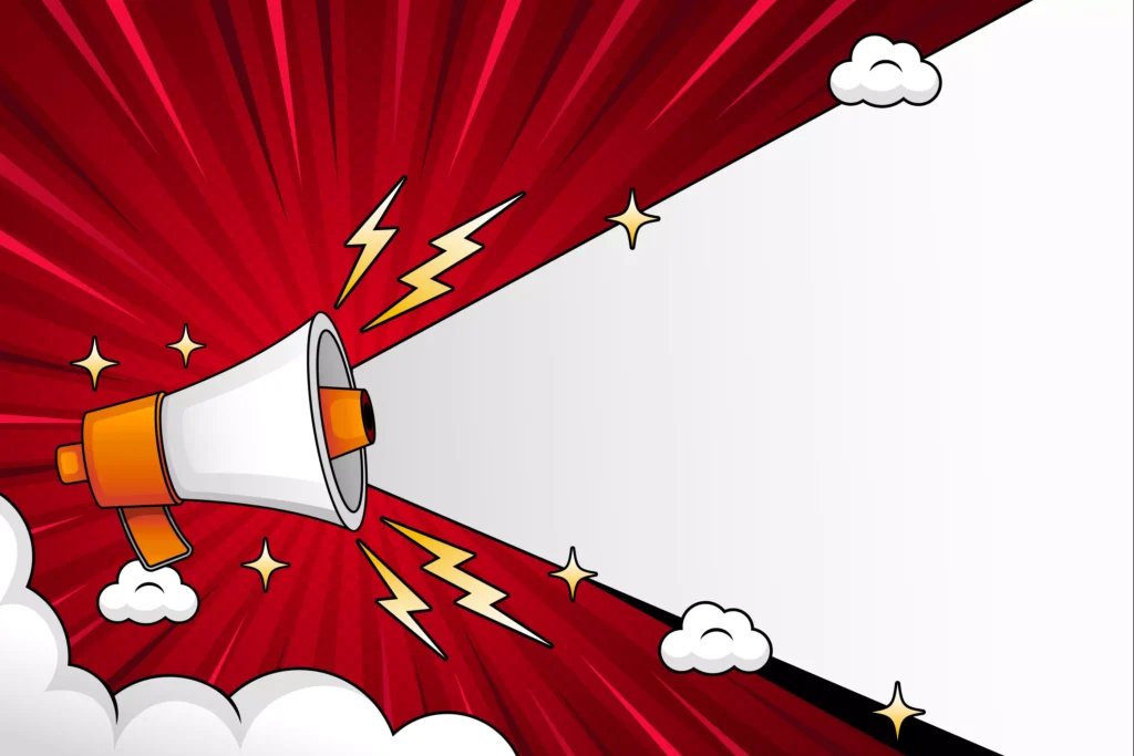 A bright red comic-style megaphone with speech bubbles and lightning, symbolizing a strong brand voice or tone of voice.