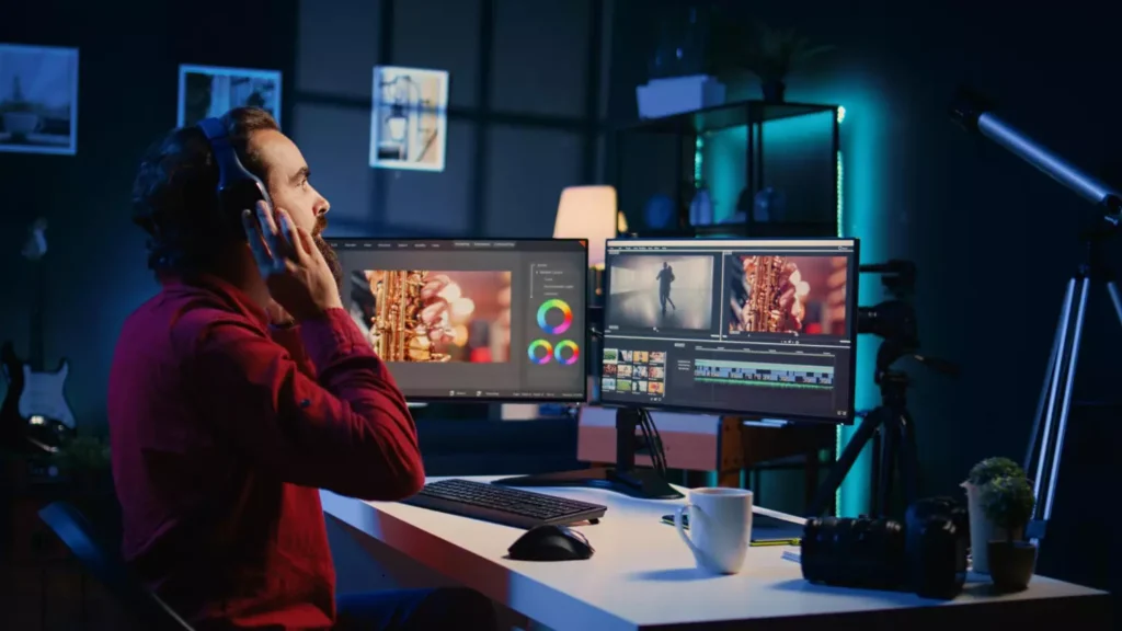 Video production process. A professional video editor at his desk, working on a complex project with dual monitors.