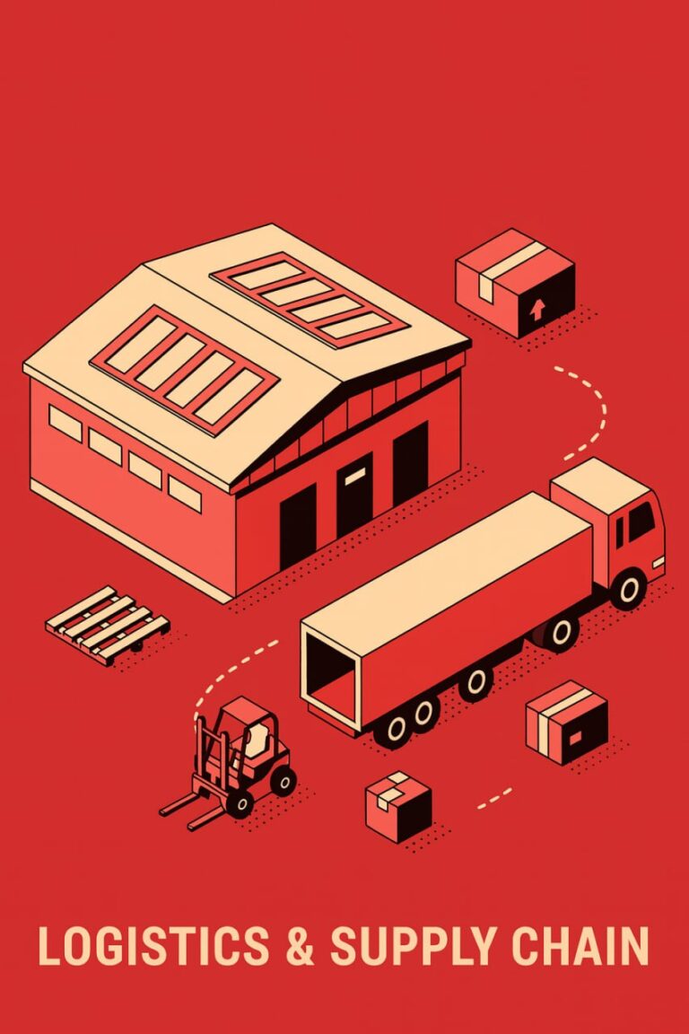 Warehouse, containers, trucks, loaders, boxes on the red background. Logistics.