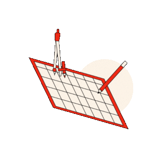 Brand identity illustration showing a pencil and divider creating grid designs, symbolizing professional visual system development, brand guidelines creation, and strategic identity services.
