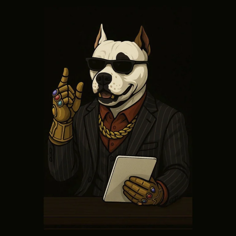 Business pitbull in suit with gold chain holding pen, representing mid-tier digital marketing services package, strategic planning, branding solutions and agency pricing options.