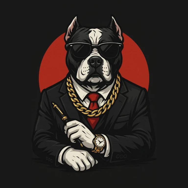 Elegant pitbull in black suit with tie, watch and gold chain, representing premium digital marketing services package, high-end strategy, branding, performance and full agency support.