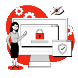 Digital marketing and data security illustration featuring woman protecting website access, cybersecurity tools, privacy control, secure login processes and safe advertising management.