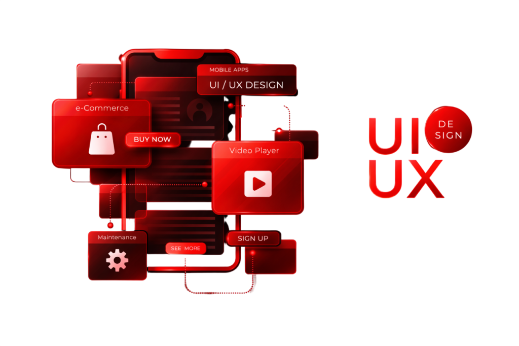An illustration of a mobile app interface with various UI/UX design and media service components.