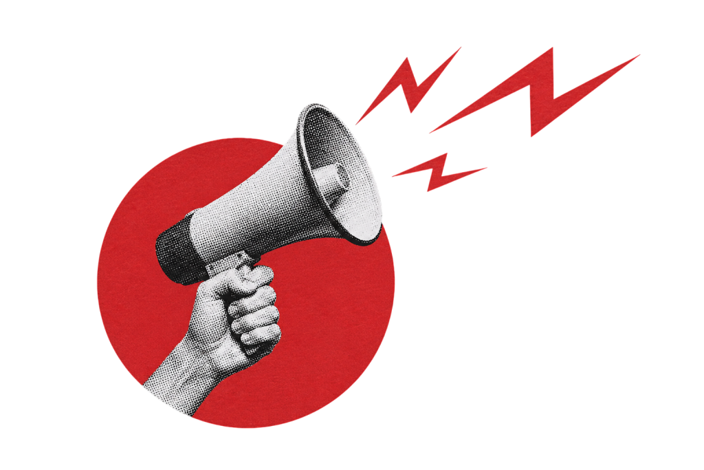 Loudspeaker in the red circle with sounds symbolizes the communication strategy.