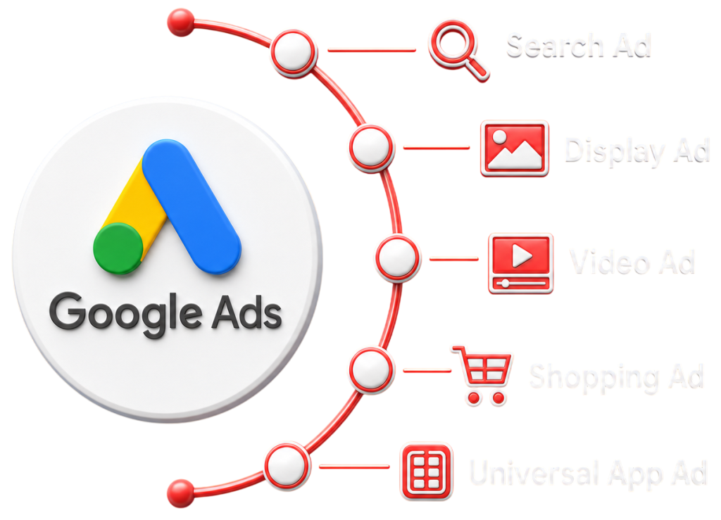 Google Ads diagram showing Search, Display, Video, Shopping, and Universal App ad types with logo.