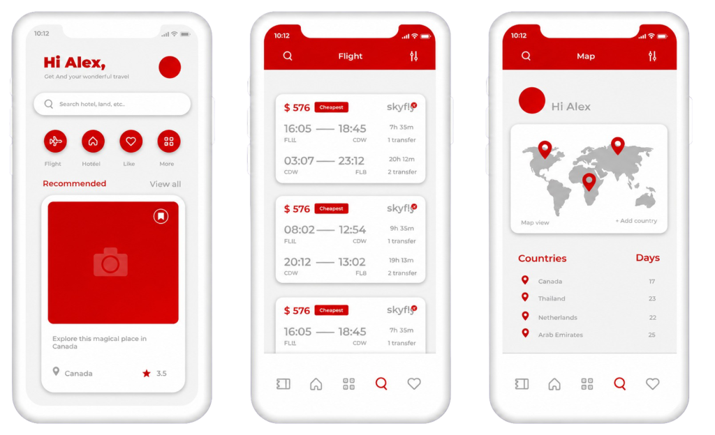 3 screenshots with UI, features, and functions of the mobile app.