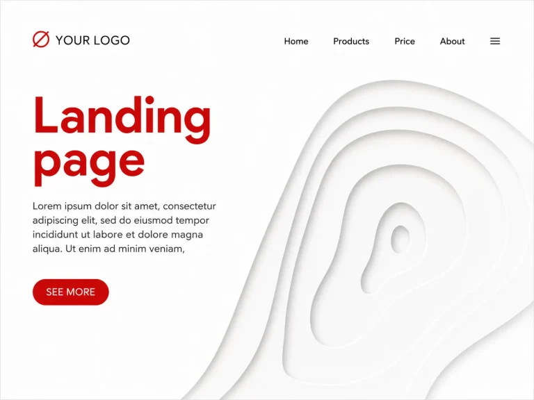 Example of landing page development: a clean, modern website with abstract white shapes, text, and a call-to-action button.