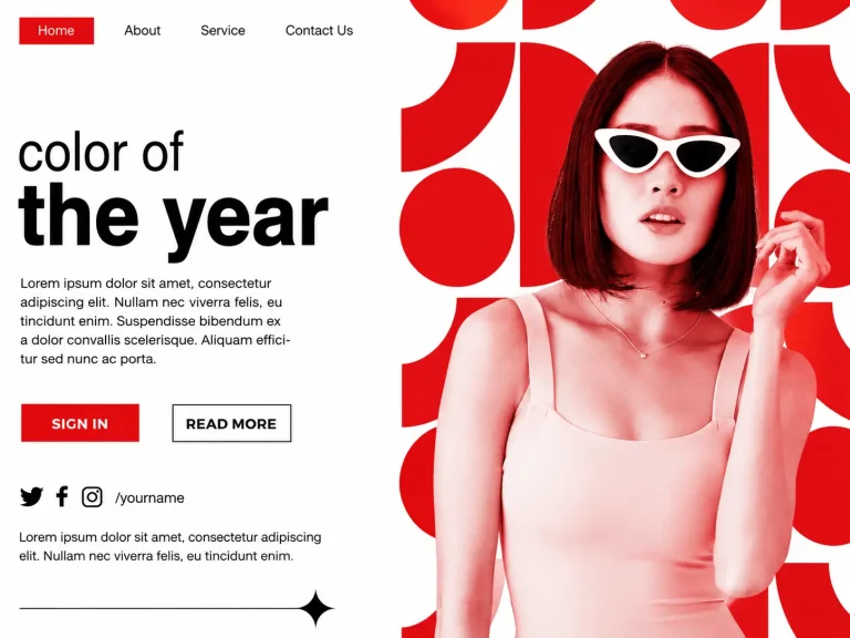 Example of web development: Stylish woman in sunglasses on colorful abstract website, promoting color trends.